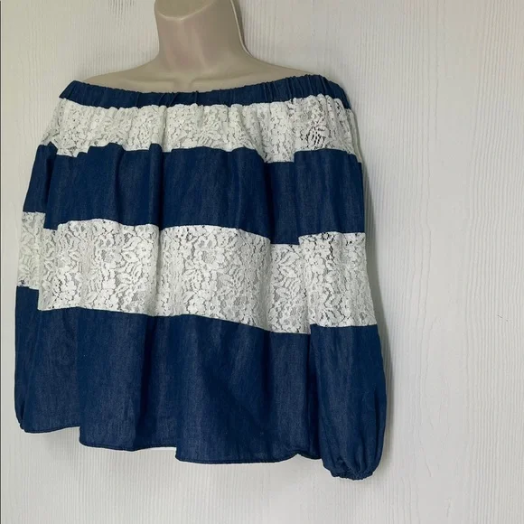 English Factory - Blue And White Lace Stripe Off The Shoulder Blouse Size Small - Picture 5 of 10